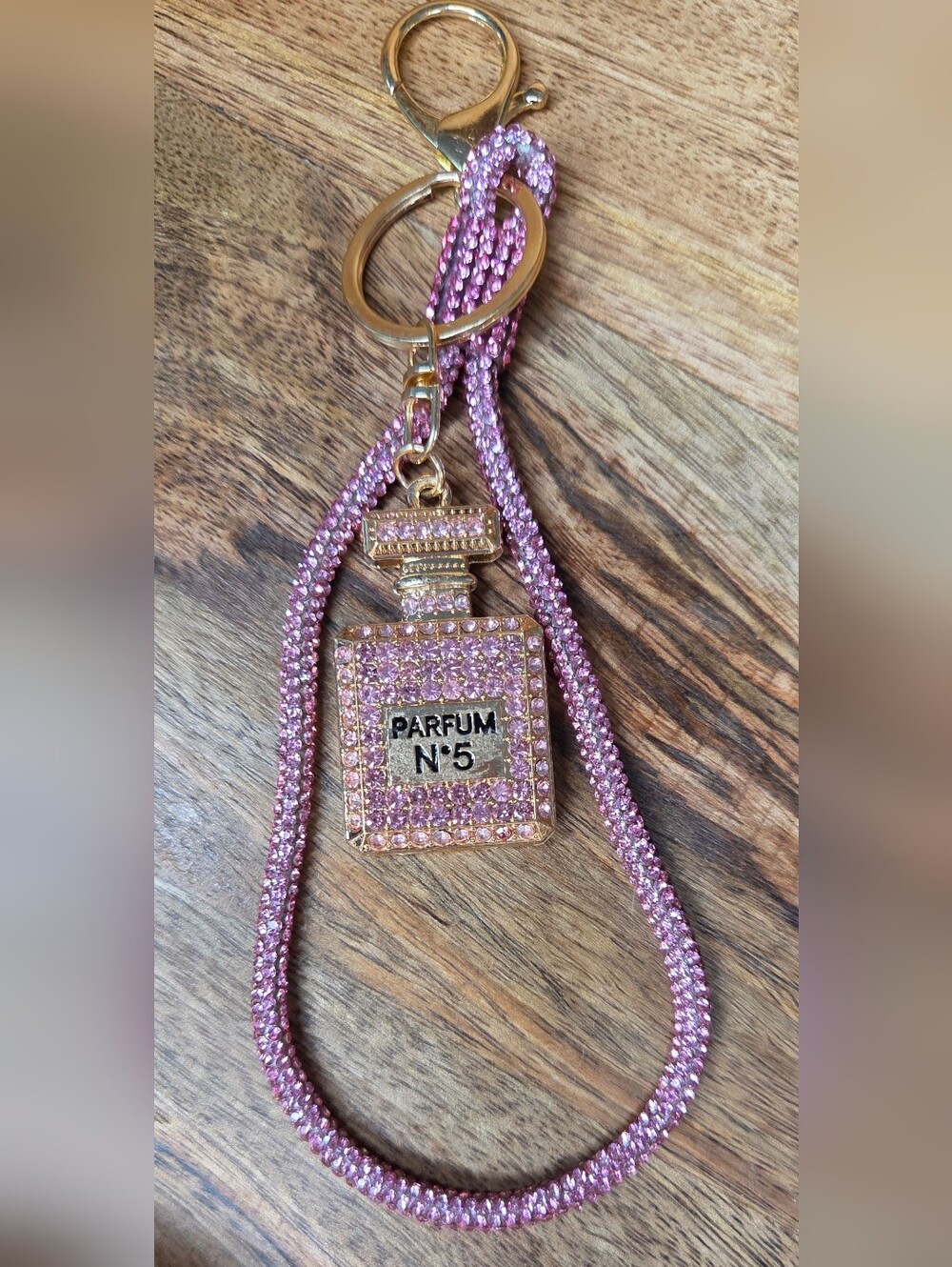 Parfum N°5 Pink Crystal Bottle Keychain with Pink Bling Wristlet!